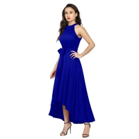 Women's Polyster Solid Helter Neck Sleeveless Dresses (Royal Blue) - M