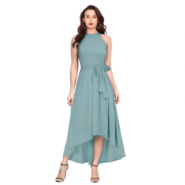 Women's Polyster Solid Helter Neck Sleeveless Dresses (Pista) - L