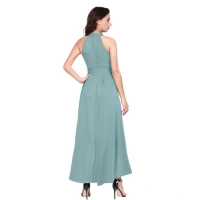 Women's Polyster Solid Helter Neck Sleeveless Dresses (Pista) - L
