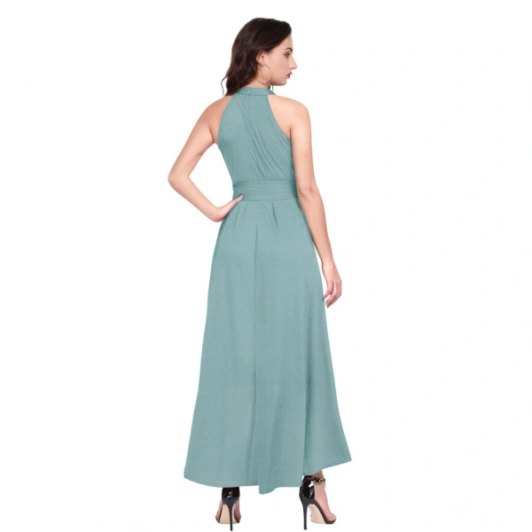Women's Polyster Solid Helter Neck Sleeveless Dresses (Pista) - L
