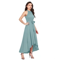 Women's Polyster Solid Helter Neck Sleeveless Dresses (Pista) - L