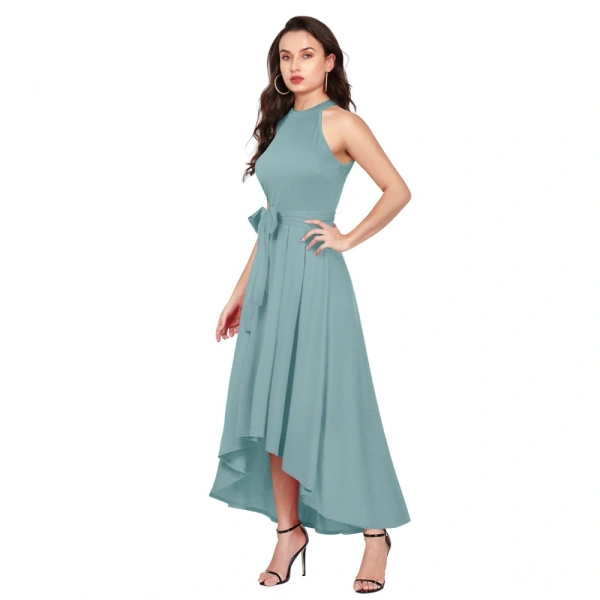 Women's Polyster Solid Helter Neck Sleeveless Dresses (Pista) - L