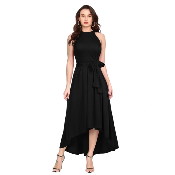Women's Polyster Solid Helter Neck Sleeveless Dresses (Black) - XL