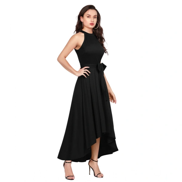 Women's Polyster Solid Helter Neck Sleeveless Dresses (Black) - XL