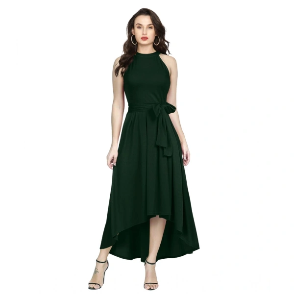 Women's Polyster Solid Helter Neck Sleeveless Dresses (Green) - L