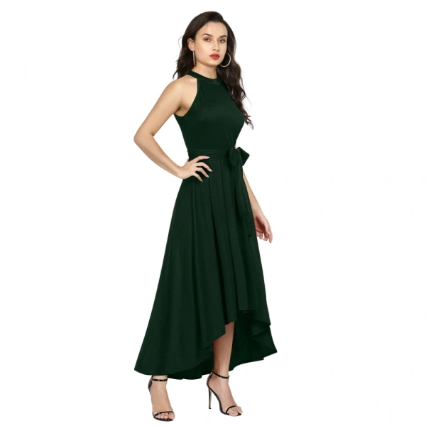 Women's Polyster Solid Helter Neck Sleeveless Dresses (Green) - L