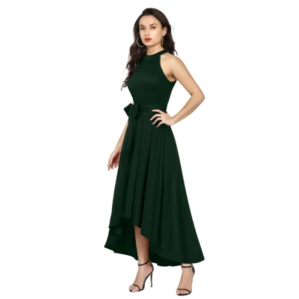 Women's Polyster Solid Helter Neck Sleeveless Dresses (Green) - L