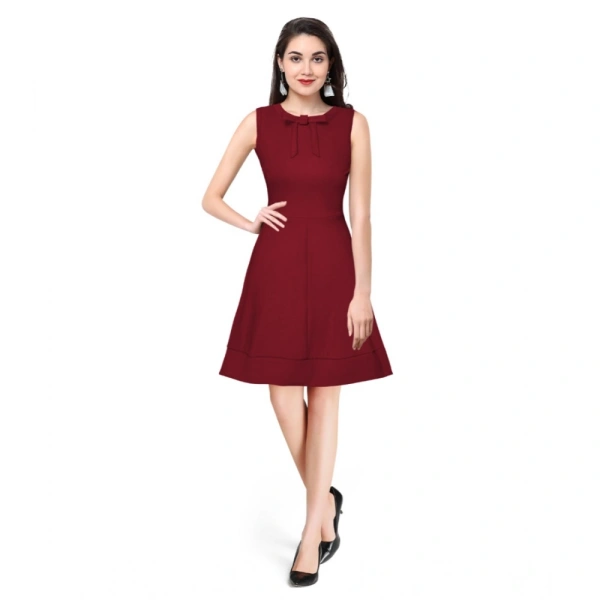 Women's Polyster Solid Round Neck Sleeveless Dresses (Maroon) - S