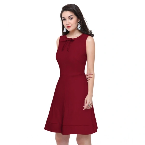Women's Polyster Solid Round Neck Sleeveless Dresses (Maroon) - S