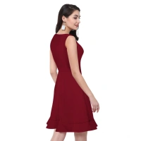 Women's Polyster Solid Round Neck Sleeveless Dresses (Maroon) - S