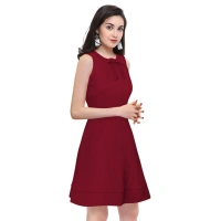 Women's Polyster Solid Round Neck Sleeveless Dresses (Maroon) - S