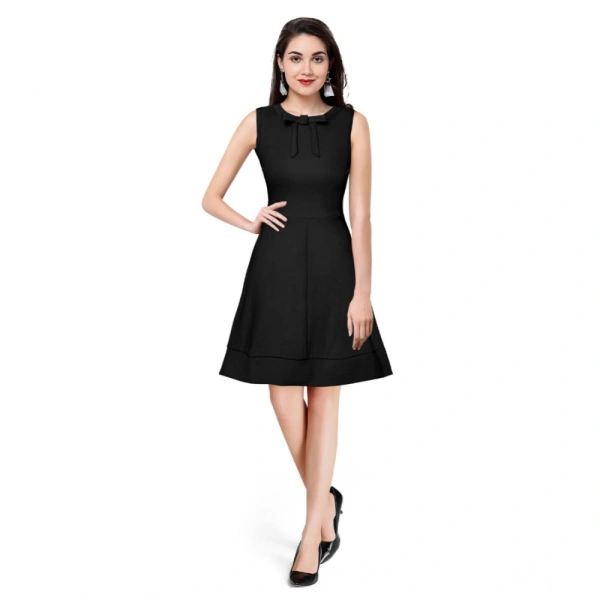Women's Polyster Solid Round Neck Sleeveless Dresses (Black) - M