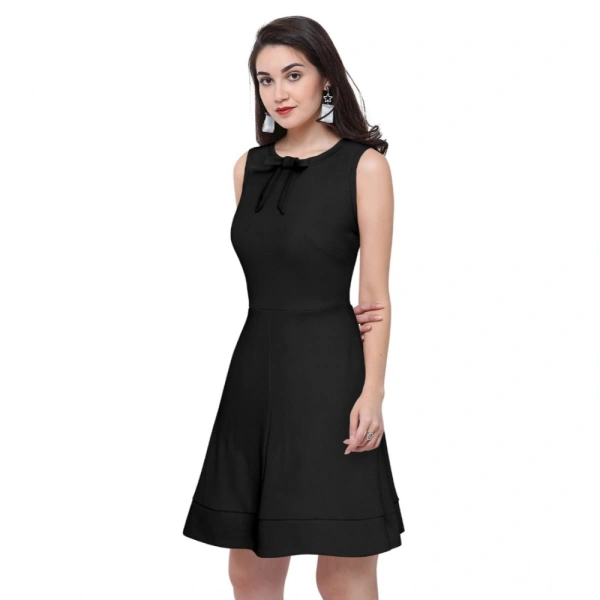 Women's Polyster Solid Round Neck Sleeveless Dresses (Black) - M