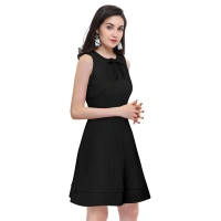 Women's Polyster Solid Round Neck Sleeveless Dresses (Black) - M