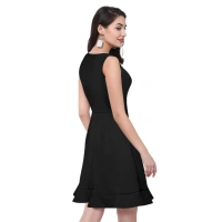 Women's Polyster Solid Round Neck Sleeveless Dresses (Black) - M