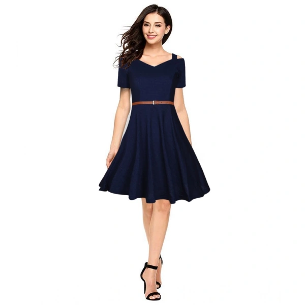 Women's Polyster Solid V Neck Cap Sleeve Dresses (Blue) - M
