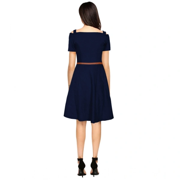 Women's Polyster Solid V Neck Cap Sleeve Dresses (Blue) - M