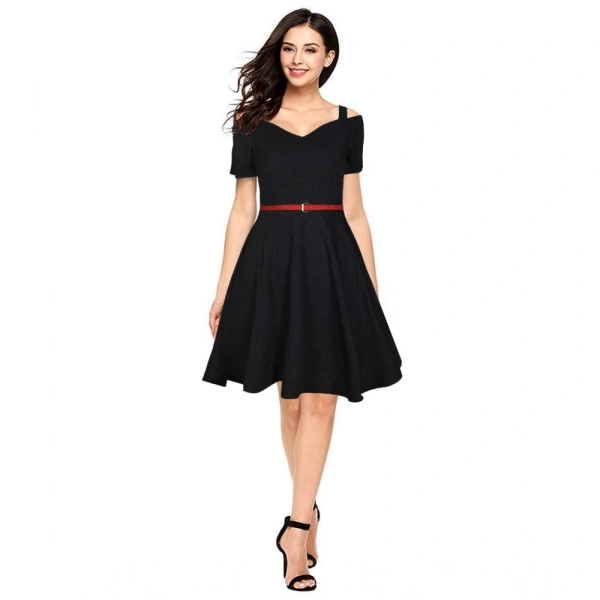 Women's Polyster Solid V Neck Cap Sleeve Dresses (Black) - S