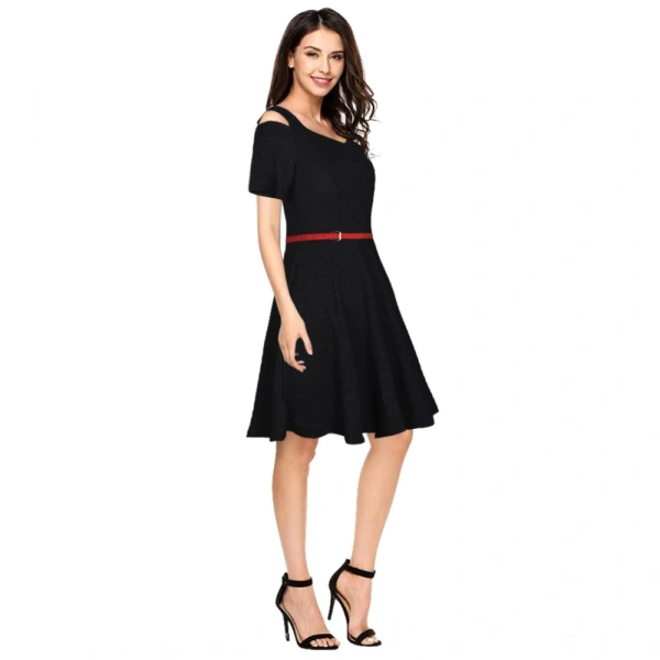 Women's Polyster Solid V Neck Cap Sleeve Dresses (Black) - S