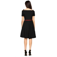 Women's Polyster Solid V Neck Cap Sleeve Dresses (Black) - S