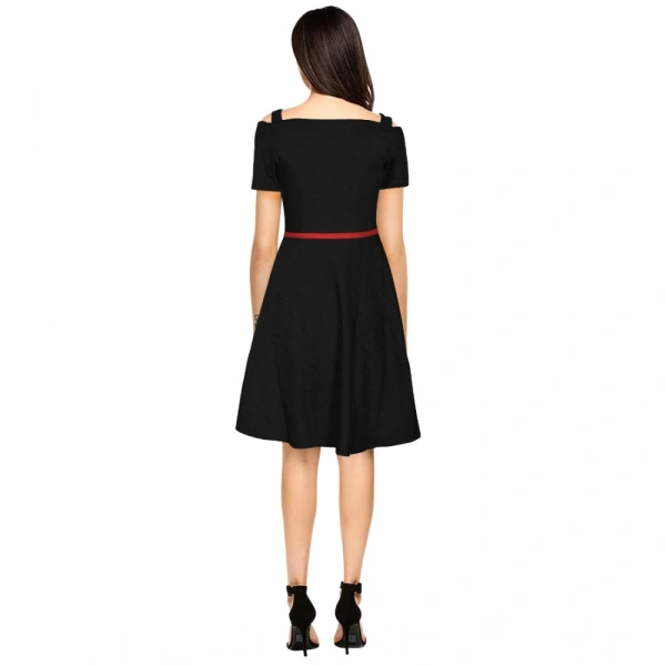 Women's Polyster Solid V Neck Cap Sleeve Dresses (Black) - S