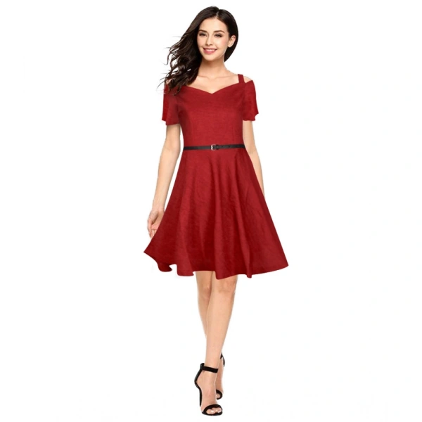 Women's Polyster Solid V Neck Cap Sleeve Dresses (Maroon) - L