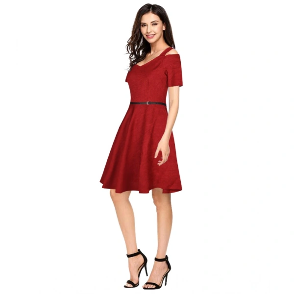 Women's Polyster Solid V Neck Cap Sleeve Dresses (Maroon) - L