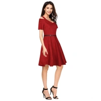 Women's Polyster Solid V Neck Cap Sleeve Dresses (Maroon) - L