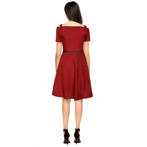 Women's Polyster Solid V Neck Cap Sleeve Dresses (Maroon) - L