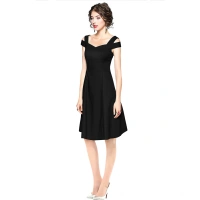 Women's Polyster Solid V Neck Cap Sleeve off Sholder Dresses (Black) - XL