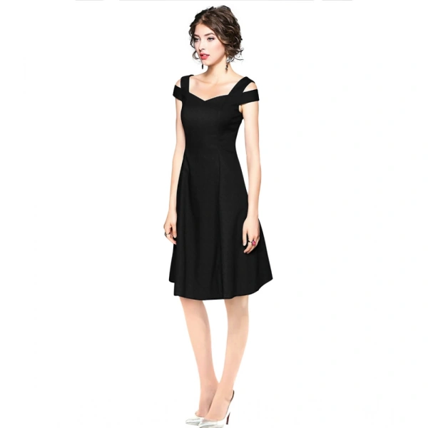 Women's Polyster Solid V Neck Cap Sleeve off Sholder Dresses (Black) - XL