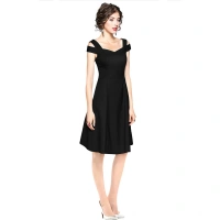 Women's Polyster Solid V Neck Cap Sleeve off Sholder Dresses (Black) - XL