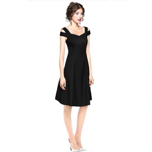 Women's Polyster Solid V Neck Cap Sleeve off Sholder Dresses (Black) - XL