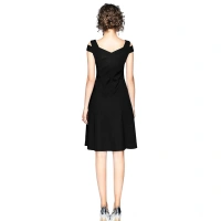 Women's Polyster Solid V Neck Cap Sleeve off Sholder Dresses (Black) - XL