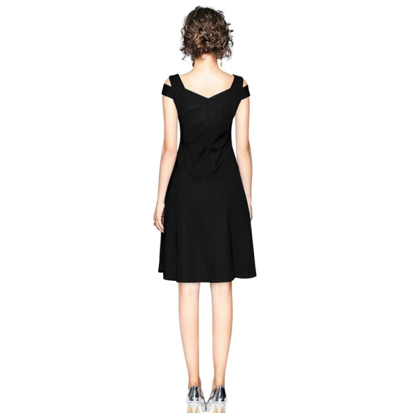 Women's Polyster Solid V Neck Cap Sleeve off Sholder Dresses (Black) - XL