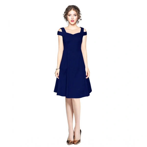 Women's Polyster Solid V Neck Cap Sleeve off Sholder Dresses (Blue) - XL