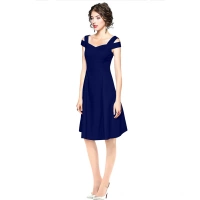 Women's Polyster Solid V Neck Cap Sleeve off Sholder Dresses (Blue) - XL
