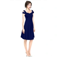 Women's Polyster Solid V Neck Cap Sleeve off Sholder Dresses (Blue) - XL