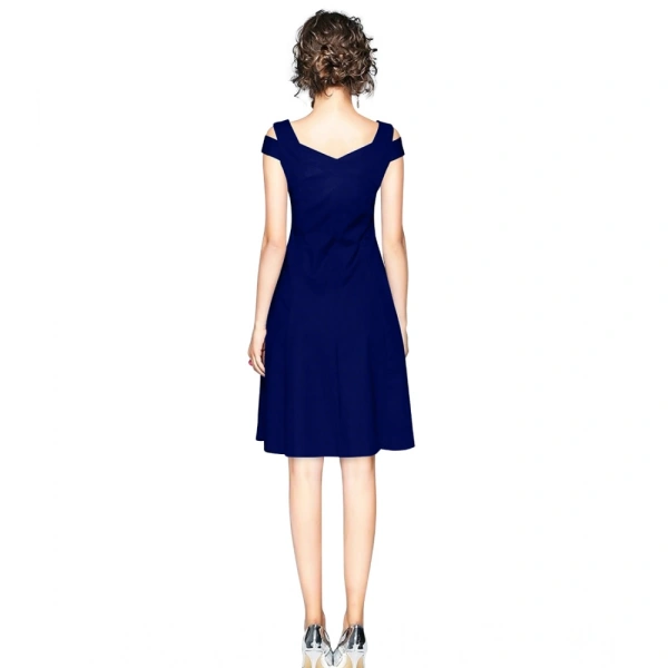 Women's Polyster Solid V Neck Cap Sleeve off Sholder Dresses (Blue) - XL