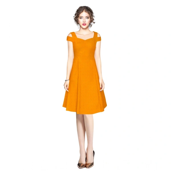Women's Polyster Solid V Neck Cap Sleeve off Sholder Dresses (Yellow) - L
