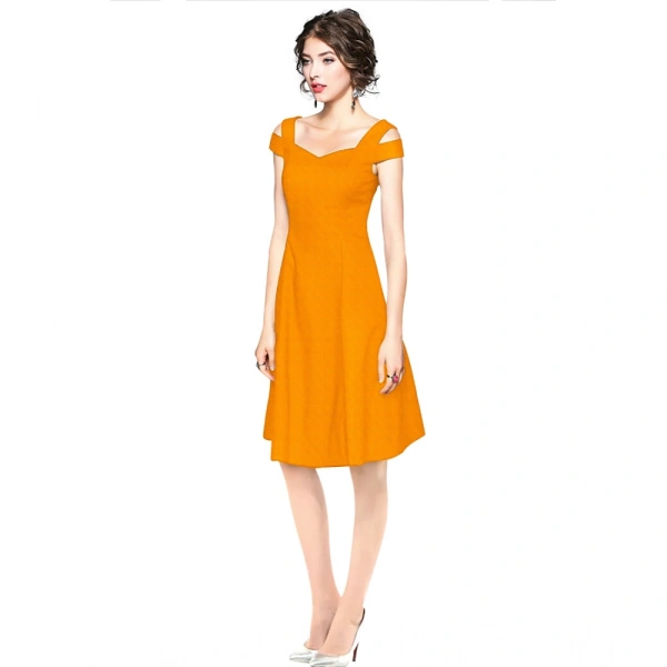 Women's Polyster Solid V Neck Cap Sleeve off Sholder Dresses (Yellow) - L