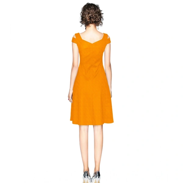 Women's Polyster Solid V Neck Cap Sleeve off Sholder Dresses (Yellow) - L