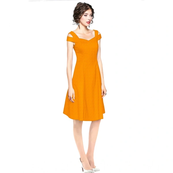 Women's Polyster Solid V Neck Cap Sleeve off Sholder Dresses (Yellow) - L
