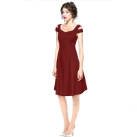 Women's Polyster Solid V Neck Cap Sleeve off Sholder Dresses (Maroon) - XL