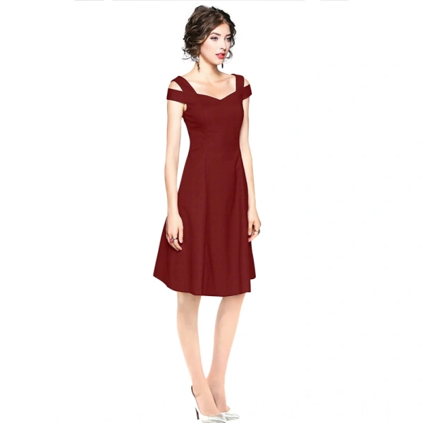 Women's Polyster Solid V Neck Cap Sleeve off Sholder Dresses (Maroon) - XL