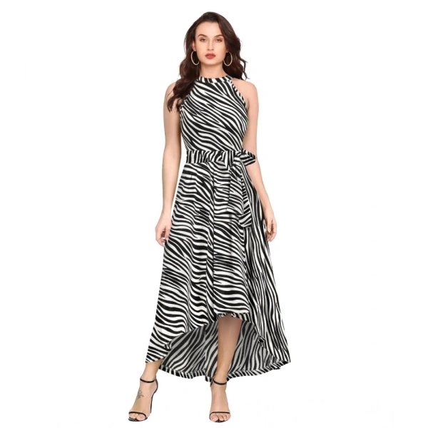 Women's Polyster Zebra Pattern Helter Neck Sleeveless Dresses (White) - M