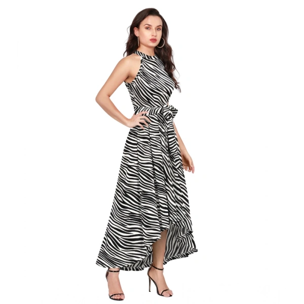 Women's Polyster Zebra Pattern Helter Neck Sleeveless Dresses (White) - M