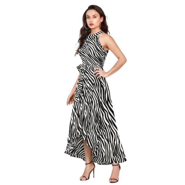 Women's Polyster Zebra Pattern Helter Neck Sleeveless Dresses (White) - M