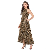 Women's Polyster Zebra Pattern Helter Neck Sleeveless Dresses (Yellow) - M