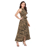 Women's Polyster Zebra Pattern Helter Neck Sleeveless Dresses (Yellow) - M